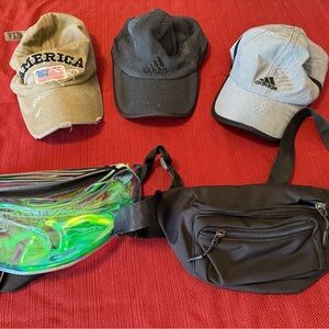 Adidas Black and Gray Caps with Holographic and Black Fanny Packs